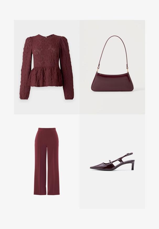 Top peplum bourgogne en dentelle texturée, doté de manches longues, d'un col haut et d'une taille plissée subtile. Fermeture éclair dans le dos.; Pantalons larges bordeaux avec un motif à rayures fines, présentant une texture lisse et une taille élastique pour plus de confort.; Chaussure slingback en cuir verni bordeaux avec bout pointu, talon bas et double bride à boucle réglable.; Sac à main brillant bordeaux foncé avec une anse fine unique et une forme trapézoïdale élégante sur un fond clair uni.