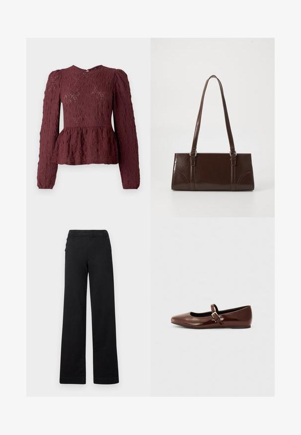 Burgunderfarbene Peplum-Bluse aus strukturiertem Spitzenmaterial, mit langen Ärmeln, hohem Kragen und einem dezent gefältelten Taillenbereich. Reißverschluss hinten.; Schwarze weite Hose mit hohem Bund, Knopfdetails an den Seiten und einer glatten Denim-Oberfläche mit einem sauberen Finish.; Braune Lackleder-Ballerinas mit quadratischer Zehenform und Riemen mit einer kleinen goldenen Schnalle. Glatte Textur, niedriger Absatz und minimalistisches Design.; Braune Lackleder-Handtasche in rechteckiger Form, mit zwei langen Griffen und subtilen, geschwungenen Akzenten auf der Vorderseite.