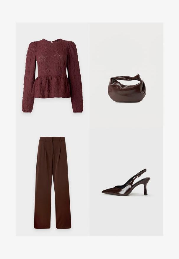 Bordeaux peplum top van textuurkant, met lange mouwen, een hoge hals en een subtiele geplooide taille. Ritssluiting aan de achterkant.; Wijde broek in een rijke bruine kleur, gemaakt van een zachte stof met een vlakke voorkant, twee plooien en riemlussen bij de taille.; Bruine gepatineerde leren slingback pumps met een spitse neus, een dunne hak en een verstelbaar bandje met een kleine gesp.; Donkerbruine leren schoudertas met een zachte, slungelige vorm en een gedraaide knoopvormige handgreep op een effen witte achtergrond.