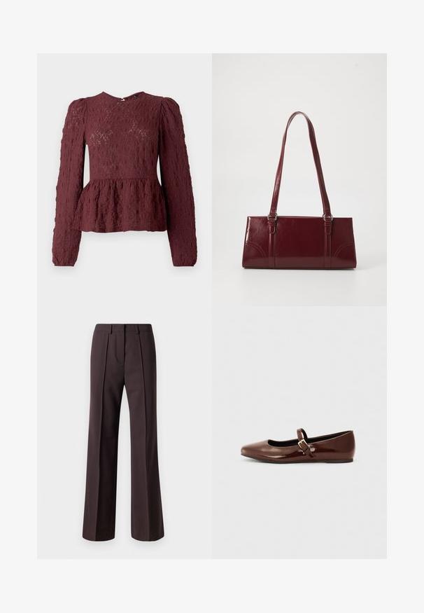 Bordeaux peplum top van textuurkant, met lange mouwen, een hoge hals en een subtiele geplooide taille. Ritssluiting aan de achterkant.; Wijdere broek in donkerbruine stof met een tailormade ontwerp, voorzien van voorplooien en een soepele textuur, geschikt voor formele gelegenheden.; Bruine gepatineerde leren balletschoen met een vierkante neus en een bandje met een kleine gouden gesp. Gladde textuur, lage hak en minimalistisch ontwerp.; Bourgondische handtas van glanzend materiaal, rechthoekige vorm, met twee schouderbanden en subtiele gebogen accenten aan de voorkant.
