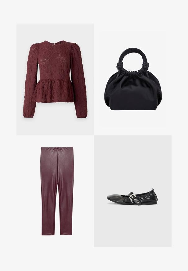 Burgunderfarvet peplum-top i tekstureret blonde, med lange ærmer, høj hals og en subtil plisseret talje. Lynlås Lukning i ryggen.; Bordeaux faux læder leggings med en glat tekstur, høj talje og tætsiddende design, der strækker sig til anklerne uden yderligere detaljer.; Sorte læder flade sko med spids tå, samling detaljer omkring åbningen, og en sølv spænde accent på den justerbare rem.; Sort blød stofhåndtaske med samlet top og cirkulære polstrede håndtag bundet med knuder på hver side.