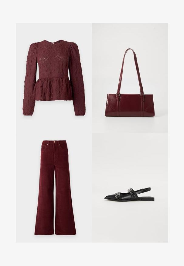 Top peplum bourgogne en dentelle texturée, doté de manches longues, d'un col haut et d'une taille plissée subtile. Fermeture éclair dans le dos.; Pantalons en velours côtelé large de couleur bordeaux, avec une taille haute, des poches avant et une fermeture à bouton. Tissu texturé à côtes sur toute la surface.; Even&Odd Ballerines à brides arrière - black; Sac à main bordeaux en matériau brillant, de forme rectangulaire, avec deux anses et des accents légèrement courbés à l'avant.