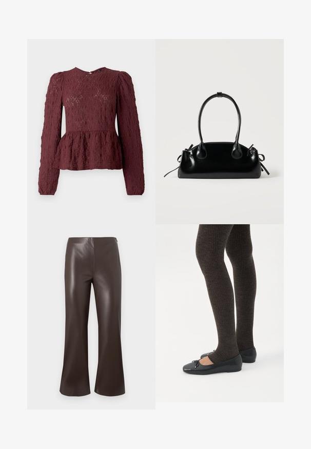 Top peplum bourgogne en dentelle texturée, doté de manches longues, d'un col haut et d'une taille plissée subtile. Fermeture éclair dans le dos.; Pantalons évasés en simili cuir marron avec une taille haute et une texture lisse, présentant un design épuré et soigné avec de larges ouvertures de jambe.; Jambes portant des leggings côtelés foncés associés à des ballerines noires avec de petits détails en nœud sur fond blanc.; Petit sac à main noir brillant avec deux longues anses et des détails à cordon sur les côtés sur un fond clair uni.