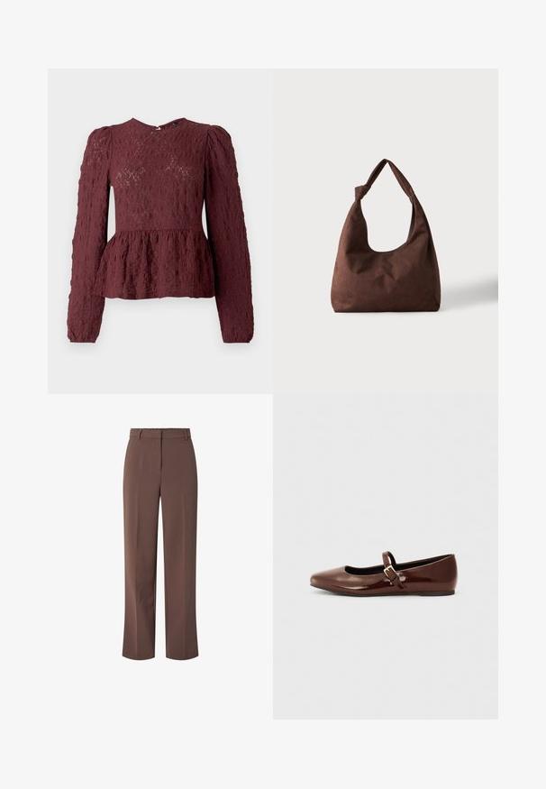 Burgundská peplum blúzka vyrobená z textúrovanej čipky, s dlhými rukávmi, vysokým golierom a jemne plisovaným pásom. Zapínanie na zips na chrbte.; Hnedé nohavice s vysokým pásom, strihané na mieru, s pútkami na opasok a predným zipsom, s rovnými nohavicami.; Hnedé lakované baletky s hranatou špičkou a pásikom s malou zlatou prackou. Hladká textúra, nízky podpätok a minimalistický dizajn.; Hnedá textúrovaná látková kabelka s jedným uchom zviazaným na uzol, zobrazená na jednoduchom svetlom pozadí.