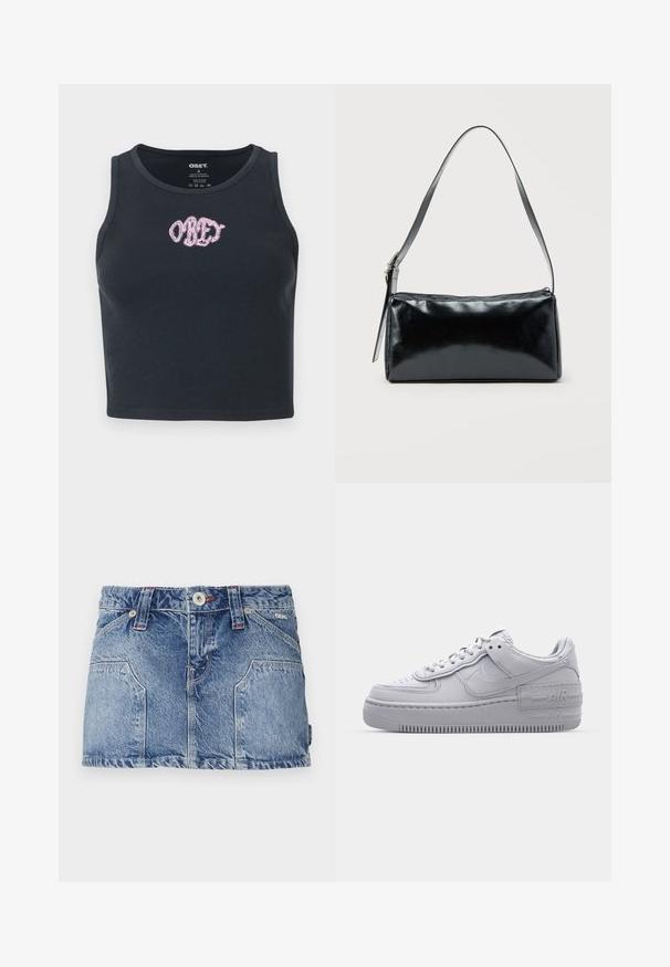 Čierny rebrovaný crop top vyrobený z bavlny s okrúhlym výstrihom a vyšívaným ružovým logom "OBEY" naprieč priehlavkom.; Džínová mini sukňa vo svetlom odtieni modrej. Obsahuje predné vrecká, zapínanie na gombík a pútka na opasok. Hladká textúra s neformálnym designom.; Šedé tenisky Nike Air Force 1 s perforovanou špičkou, hladkým koženým zvrškom, hrubou podrážkou a embosovaným detailom 'AIR' na päte.; Čierna obdĺžniková kabelka na rameno s jedným nastaviteľným remienkom a horným zipsom na jednofarebnom pozadí.