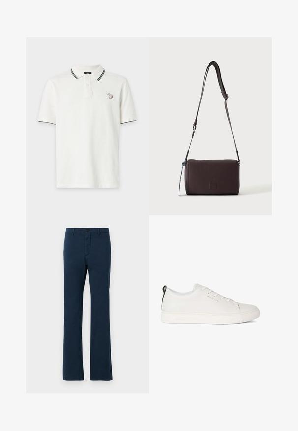 Polo blanco de manga corta con ribete verde en el cuello y las mangas, con un pequeño logo colorido de un perro en el pecho izquierdo.; Pantalones de algodón azul marino con un diseño de pierna recta, que presentan un cierre frontal con botones y lazos para cinturón, textura suave y un ajuste entallado.; Zapatilla de cuero blanca con puntera redondeada, suela de goma plana y costuras en tono. Presenta un cierre con cordones en la parte delantera y una lengüeta en el talón de color negro.; Bolso bandolera de cuero marrón oscuro con textura, correa ajustable y pequeño adorno decorativo azul en el lateral.