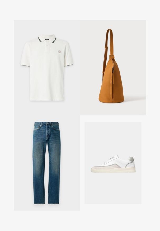 Weißes Polohemd mit kurzen Ärmeln und grüner Einfassung am Kragen und den Ärmeln, mit kleinem buntem Hundelogo auf der linken Brust.; Blaue Denim-Jeans im Straight-Leg-Design, ausgestattet mit einem Fünf-Taschen-Stil, dezenten Verwaschungen und kontrastierenden Nähten.; Weißer Low-Top-Sneaker mit beigen Velours-Akzenten, grauem Besatz, weißen Schnürsenkeln und dick sohler off-white Gummisohle, von der Seite auf hellem Hintergrund gezeigt.; Hellbraune Leder-Umhängetasche mit verstellbarem Trageriemen und vertikaler Reißverschlusstasche, von der Seite vor hellem, einfarbigem Hintergrund gezeigt.