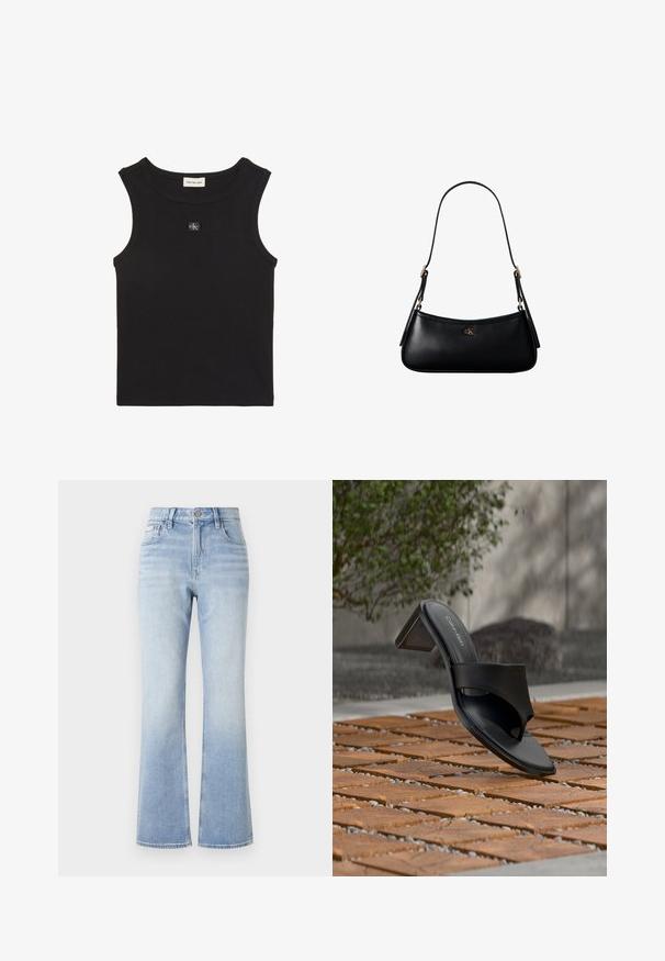 Čierny rebrovaný top bez rukávov s okrúhlym výstrihom, s nášivkou značky Calvin Klein Jeans vo vnútri goliera a malou nášivkou s logom CK na hrudi.; Svetlomodré rifľové elastické nohavice s vysokým pásom, kontrastným prešívaním, prednými vreckami a jemným vyblednutím smerom k lemovaniu.; Čierna sandála Calvin Klein na podpätku s prstovou slučkou na drevenej dlažbe vonku pri strome a kamennom múre.; Čierna kožená mini kabelka cez rameno s tenkým remienkom a malým zlatým logom CK v strede na prednej strane.
