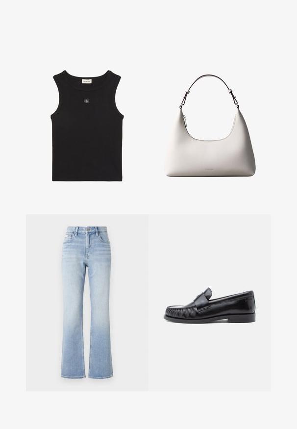 Zwarte geribbelde mouwloze top met ronde hals, Calvin Klein Jeans label aan de binnenkant van de kraag en een klein CK-logo applicatie op de borst.; Lichtblauwe denim flared jeans met een hoge taille, contrasterende stiksels, voorvakken en een subtiele vervaging naar de zoom toe.; Zwarte leren loafers met een afgeronde neus, kenmerkende stiksels en een decoratieve band over de wreef. Gladde afwerking en lage hak.; Romige Calvin Klein leren schoudertas met gebogen bovenrand, zilveren rits en donkerbruine verstelbare riem.