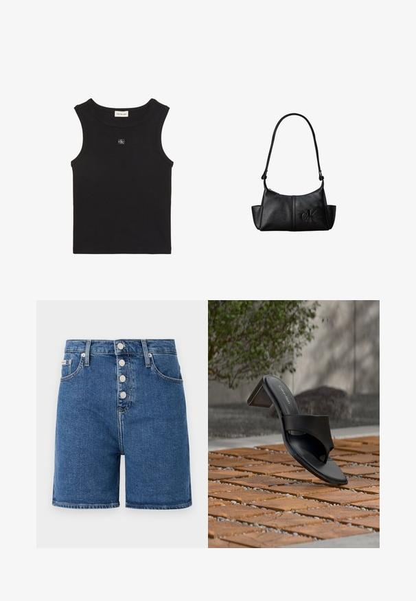 Čierny rebrovaný top bez rukávov s okrúhlym výstrihom, s nášivkou značky Calvin Klein Jeans vo vnútri goliera a malou nášivkou s logom CK na hrudi.; Džínové šortky strednej modrej farby s vysokým pásom, s uzáverom na gombíky a piatimi vreckami. Hladká textúra s minimálnymi švovými detailmi.; Čierna sandála Calvin Klein na podpätku s prstovou slučkou na drevenej dlažbe vonku pri strome a kamennom múre.; Čierna kožená taška cez rameno s dlhým popruhom, bočnými vreckami a vystúpeným logom Calvin Klein vpredu.