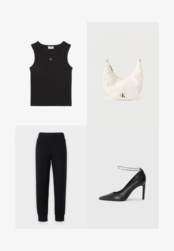 Sort ribbet, ærmeløs top med rund halsudskæring, Calvin Klein Jeans-mærke inde i kraven og lille CK-logo-patch på brystet.; Sorte sweatpants med tætsiddende ben, der har en bred elastisk talje og strukturerede sidelapper. Lavet af et blødt, strækbart materiale.; Sorte læder højhælede pumps med spids tå, der har en tynd sølvkæde ankelrem og en slank, glat tekstur.; Lille hvid halvmåneformet håndtaske med kort rem, lynlås og sort "cK"-logo foran.