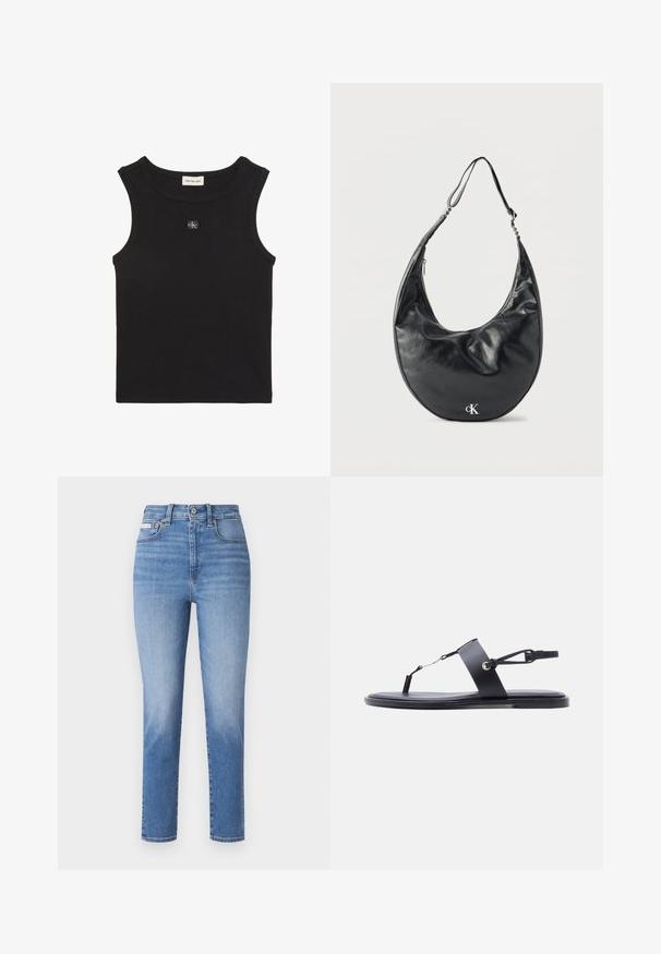 Top sin mangas negro acanalado con cuello redondo, etiqueta Calvin Klein Jeans dentro del cuello y pequeño parche con el logo CK en el pecho.; Jeans de denim azul claro con cintura alta, piernas rectas y desvanecidos sutiles. Presentan pasadores para cinturón, cinco bolsillos y cierre de botón metálico.; Sandalia plana negra con una delgada tira en los dedos, una banda ancha en la parte media del pie y una correa ajustable en el tobillo sobre un fondo blanco.; Bolso de cuero negro en forma de media luna con correa ajustable y logotipo plateado "cK" en el frente, sobre fondo blanco.