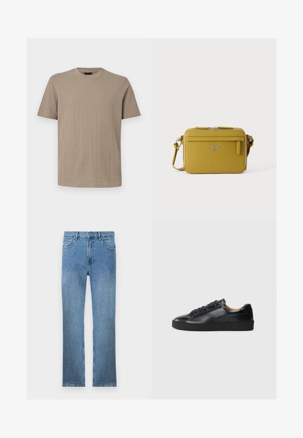 Beige heren T-shirt met korte mouwen en een ronde hals, voorzien van een subtiel reliëf met herhalend merktekstpatroon over de stof.; Lichtblauwe denim jeans met een rechte snit, vijf zakken, een ritsluiting en contrasterende stiksels. De stof heeft een gladde, gestructureerde afwerking.; Zwarte leren sneaker met een gladde textuur, ronde neus en vetersluiting. Heeft een dikke rubberen zool en minimale merkaanpassing.; Kleine mosterdgele rechthoekige crossbodytas met voorvak met rits en zilveren logo-embleem in het midden van het voorpaneel.