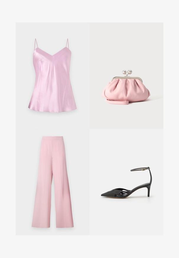 Lyserød satin camisole med tynde, justerbare spaghetti-stropper og en let V-udskæring, vist mod en ensartet hvid baggrund.; Bredde ben bukser i lyserødt stof med en glat tekstur, høj talje og uden synlige mønstre eller detaljer.; Sort læder højhælet sko med spids tå, åbne sider og en tynd ankelrem med en lille guld detalje.; Lille blød lyserød clutchpung med sølvfarvet metalramme og rund lås, hvilende på en flad lys overflade med håndledsrem foldet foran.