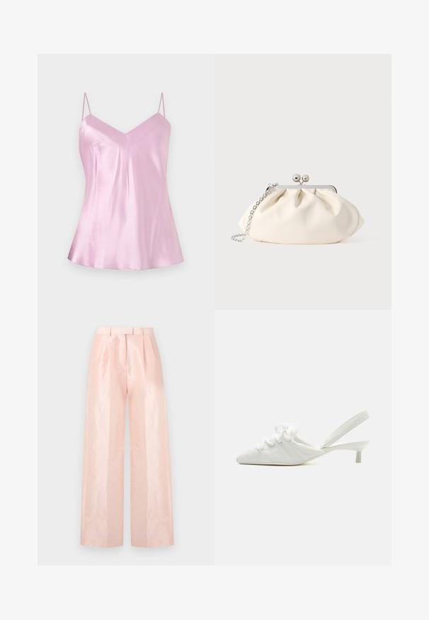 Camisole en satin rose clair avec fines bretelles spaghetti réglables et un léger décolleté en V, présenté sur un fond blanc uni.; Pantalons à taille haute ample de couleur rose clair, présentant une texture lisse et brillante, des plis à l'avant et une ceinture assortie.; Chaussure à talon kittten blanche avec bride arrière, dessus en tissu tissé texturé et nœuds décoratifs en tissu sur le dessus, vue de profil sur un fond clair.; Pochette en tissu crème avec un design froncé, cadre en métal argenté, deux boules décoratives, et une bandoulière chaîne argentée.