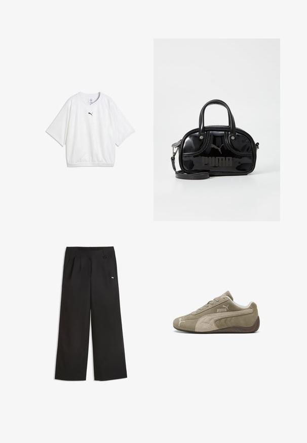 T-shirt de sport blanc à manches courtes avec un col rond et un logo Puma noir centré sous l'encolure.; Puma SENSE WINDCELL - Pantalon classique - black; Baskets en daim marron clair avec des accents plus foncés, présentant un design bas, un système de laçage et un logo de marque sur le côté.; Sac à main en cuir verni noir avec des poignées supérieures doubles, une bandoulière amovible, une forme arrondie et un logo "PUMA" en relief bien visible.