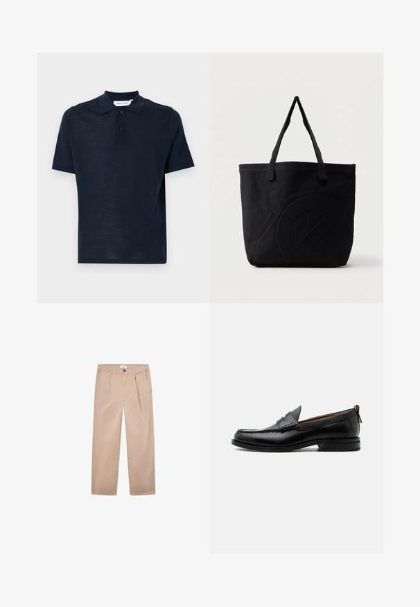 Navyblaues Poloshirt aus weichem Material, kurze Ärmel, klassischer Kragen, Knopfleiste mit drei Knöpfen und entspannte Passform.; Khaaki-Hosen aus Baumwolle mit geradem Bein, ausgestattet mit zwei Vordertaschen, einem Knopfverschluss und einer klassischen Passform.; Schwarzer Leder-Herrenschuh mit Mokassinnaht, Penny-Riemen, strukturiertem Kragen und niedrigem gestapeltem Absatz auf weißem Hintergrund.; Schwarze Canvas-Shopper-Tasche mit zwei Schulterriemen und einem dezenten, eingeprägten kreisförmigen Design auf der Vorderseite.