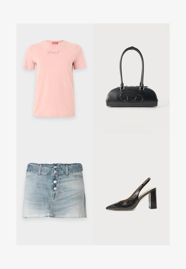 T-shirt à manches courtes rose clair avec le mot « Diesel » écrit en petits caractères script sur la poitrine et une étiquette rouge Diesel à l'intérieur du col.; Jupe en denim mini en délavage bleu clair, avec un ourlet effiloché, une fermeture à cinq boutons à l'avant et des passants de ceinture. Design classique à cinq poches.; Chaussure slingback en cuir noir à bout pointu avec un talon bloc haut et une doublure intérieure beige sur un fond clair uni.; Sac à main en cuir noir avec longues poignées doubles et logo ovale embossé sur le devant, présenté sur un fond clair uni.
