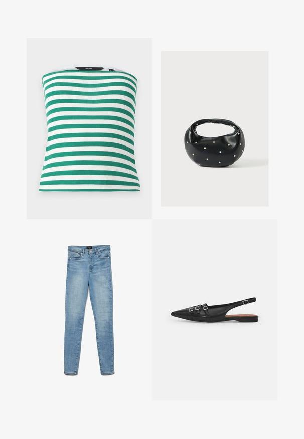 Grøn- og hvidstribet ærmeløs top lavet af ribbet stof, der har et tætsiddende design og en lige kant. Ingen synlige hardware eller accenter.; Lyseblå, udtværrede skinny jeans med frontknap og fem-lomme-design, ladt fladt på hvid baggrund.; Sort læderslyngeflad sko med spids tå, der har to vandrette stropper og firkantede sølvspænder, lav hæl og glat tekstur.; Sort læderhåndtaske med en rundet form, dekoreret med sølvnitter, og et kort håndtag. Glat tekstur og lynlåslukning.