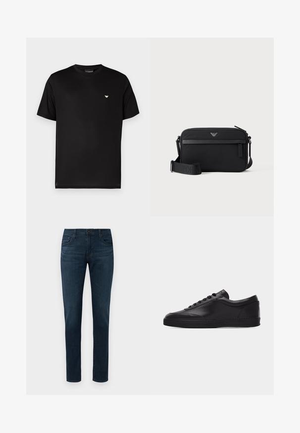 Zwart katoenen T-shirt met een ronde hals. Voorzien van een klein goudkleurig logo op de linkerborst. Korte mouwen en een rechte zoom.; Donkerblauwe slim-fit jeans met vijf zakken, sluiting met een knoop aan de voorkant en ritssluiting, tentoongesteld tegen een witte achtergrond.; Zwarte lage leren sneaker met vetersluiting aan de voorkant en een platte rubberen zool, gezien van de zijkant tegen een effen witte achtergrond.; Zwarte rechthoekige crossbodytas met voorvak met rits, verstelbare schouderriem en klein metalen logo bovenaan in het midden.