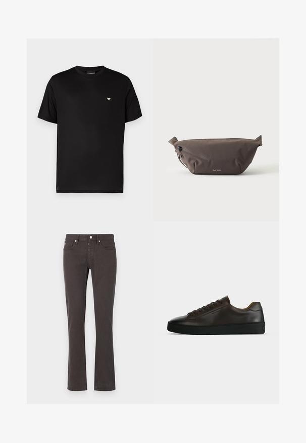 Camiseta negra de algodón con cuello redondo. Presenta un pequeño logotipo dorado en el pecho izquierdo. Mangas cortas y bajo recto.; Jeans negros acampanados hechos de una mezcla de algodón. Presenta cinco bolsillos, presillas para cinturón y herrajes de metal. Textura suave con un ligero estiramiento.; Zapatilla de perfil bajo de cuero marrón oscuro con suela de goma negra, cierre de cordones y diseño liso y minimalista sobre un fondo claro.; Riñonera de tela marrón oscuro con bolsillo diagonal con cremallera y pequeño logo blanco en el frontal, sobre un fondo liso y claro.