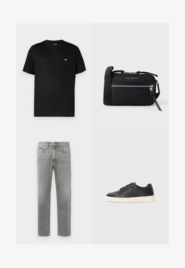 Sort bomuldst-shirt med rund halsudskæring. Har en lille gylden logo på venstre bryst. Korte ærmer og en lige kant.; Grå denim jeans med lige ben, der har et klassisk fem-lomme-design og subtilt slid for tekstur. Standard lynlåslukning.; Sort lædersneaker med struktureret overflade, rund tå og flad hvid gummisål. Har sorte snørebånd og branding på hælen.; Sort nylon crossbody-taske med sølvfarvet hardware, en lynlås i toppen, frontlomme og præget logo. Justerbar rem inkluderet.