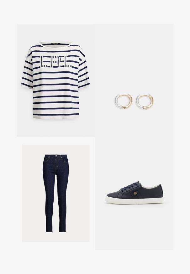 Bomulds-T-shirt med marineblå og hvide vandrette striber, rund halsudskæring og korte ærmer. Har en tekstureret "RL"-logo på forsiden.; Mørkeblå skinny jeans lavet af denim. Har høj talje, forlommer og en lille metallknap ved åbningen. Ren finish.; Lauren Ralph Lauren JANSON II LACE - Sneakers - navy; Guld- og sølvøreringe med en blandet metallisk finish, der har et glat, buet design og en sømløs lukning.