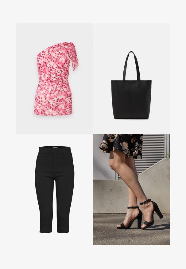 Haut asymétrique rose et blanc avec motif abstrait de taches et détail de bretelle nouée sur l'épaule droite.; Pantalons capri noirs en tissu extensible. Dotés d'une taille ajustée, de poches latérales et d'une longueur cropped avec une texture lisse.; Des sandales à talons hauts en suede noir présentent une bride de cheville avec une boucle, un design à bout ouvert et un talon épais. Texture lisse et style minimaliste.; Sac fourre-tout noir en matériau texturé, avec deux longues poignées et un design simple et minimaliste sans hardware visible.