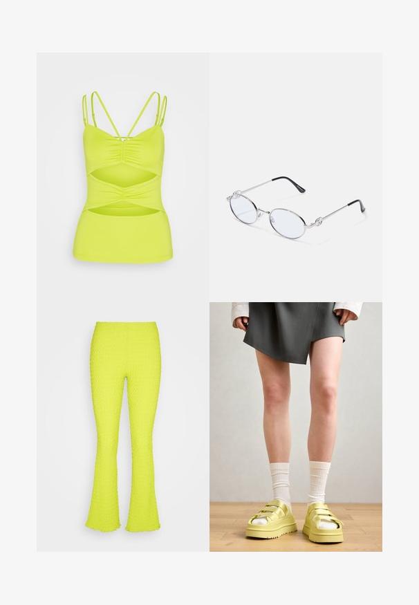 Samsøe Samsøe MONA TOP - Débardeur - fragile sprout; Even&Odd by Zalando Pantalon classique - green; Sandales plateforme jaunes avec plusieurs sangles, portées avec des chaussettes blanches à côtes, assorties à une jupe portefeuille grise sur un sol en bois.; Lunettes ovales en métal argenté avec verres transparents, présentant des accentuations décoratives sur les côtés et des embouts noirs sur les branches pour plus d'adhérence et de confort.