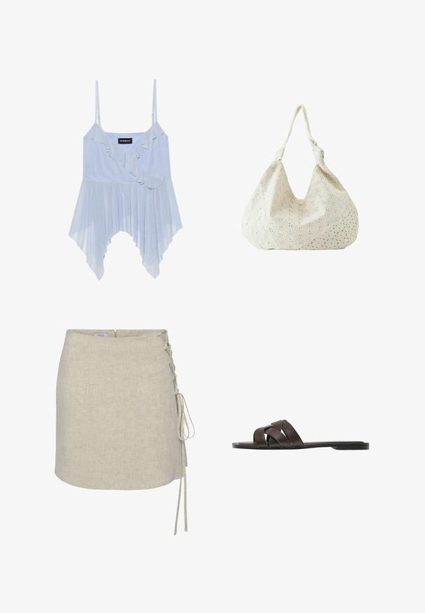 Even&Odd by Zalando Top - sky blue; Beige linnen wikkelrok met een lacing-detail aan de linkerzijde, een rechte snit en een ritssluiting aan de achterkant. Soepele, gestructureerde stof.; Platte donkerbruine slipper met drie brede gekruiste leren riemen en een dunne zool.; Crèmekleurige stoffen schoudertas met oogjesbloemenborduursel en een enkele zachte band.