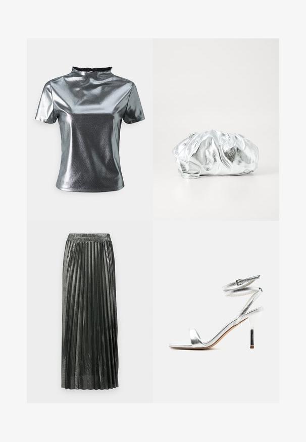 ONLY ONLMELIA MOCKNECK - Trükipildiga T-särk - silver; Metallilise tumeroheline plisseeritud seeliku, millel on elastne vöökoht, vertikaalsed voldid ja sile tekstuur, ulatudes sääre keskkohta.; Hõbedased kõrgete kontsadega sandaalid, mille ümber käib pahkluust pael ja õhuke terava kontsaga konts, külgvaates valgel taustal.; Metallik hõbedane vist välja kott pehme, kokku korjatud kehaga ja õhukese õlavarre rihmaga. Omab siledat, läikivat tekstuuri ja ümmargust kuju.