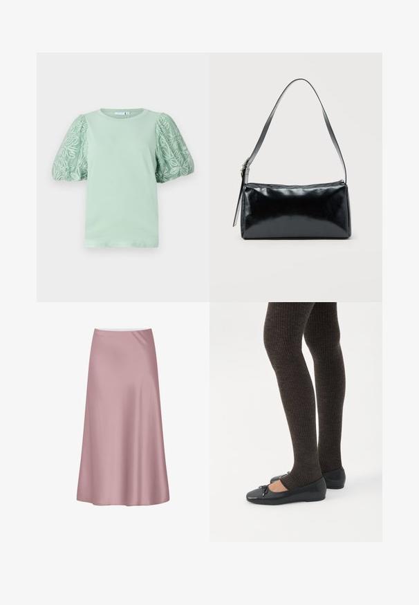 Camiseta verde menta con mangas cortas y voluminosas, adornada con intrincados bordados blancos. Cuello redondo y textura suave. Diseño simple y contemporáneo.; Falda midi de satén rosa suave con una silueta en línea A y una tela lisa y fluida.; Piernas con leggings oscuros acanalados combinados con bailarinas negras que presentan pequeños detalles de lazo sobre un fondo blanco.; Bolso de hombro rectangular negro con una correa ajustable y un cierre de cremallera superior sobre un fondo liso.