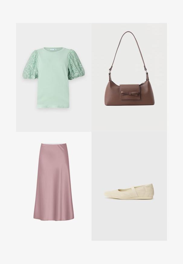 Mintgrøn t-shirt med korte, pufsyer og detaljeret hvid broderi. Rund halsudskæring og blød tekstur. Simpelt, moderne design.; Blød lyserød satin midi-nederdel med A-formet silhuet og glat, flydende stof.; Lysebrune ballet flats med en glat læderoverflade, mandelformet tå og elastisk rem over vristen, med diskrete syninger.; Brun skuldertaske i læder med en frontlomme med klap, der har en sydd sløjfedetalje, og en justerbar rem.