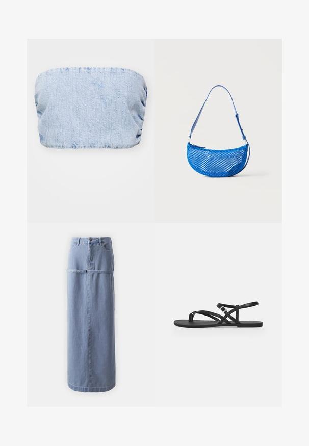 Top sin mangas de mezclilla en azul claro, con una textura fruncida y un acabado suave, adecuado para el uso casual.; Falda larga de mezclilla azul claro con silueta recta, bolsillos frontales y detalle de botón de metal en la cintura. Tejido suave y texturizado.; Sandalia plana negra con tiras finas, lazo para el dedo del pie y correa ajustable con hebilla en el tobillo sobre un fondo gris claro liso.; Bolso azul de malla para el hombro con correa ajustable y cierre de cremallera, mostrado sobre un fondo blanco liso.