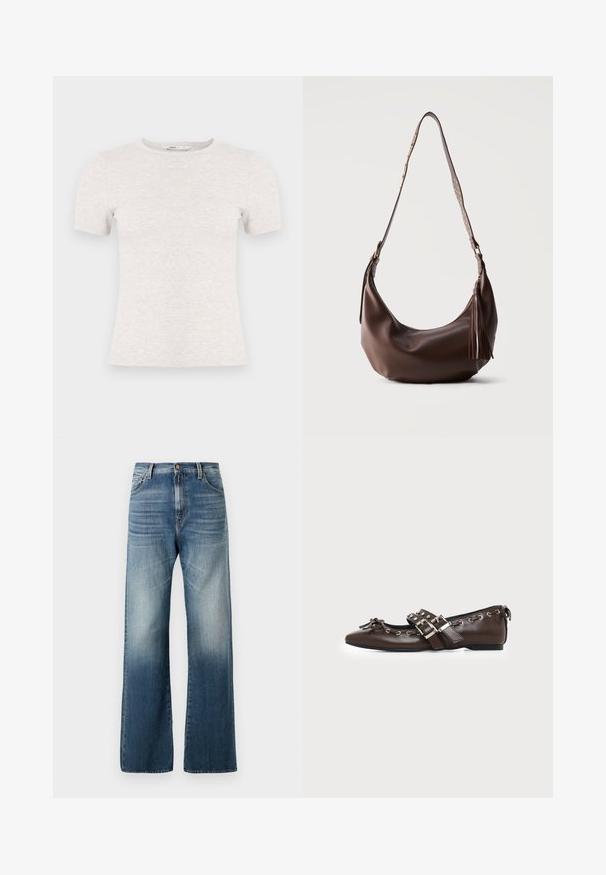 Lysegrå kortærmet t-shirt lavet af ribstrikket stof med rund halsudskæring. Simpelt design, glat tekstur, uden synlige mønstre eller accenter.; Bredde ben blå denim jeans med en falmet finish, der har en knaplukning og et traditionelt fem-lomme design. Glat tekstur overalt.; Mørkebrune lædersko med flad sål og spids snude, dobbelt sølvsnørrebånd, metaløjer og dekorativ sløjfe foran.; Brun skuldertaske i læder med guldnitter på stroppen og læderrispynte lynlås, vist mod en ensfarvet baggrund.