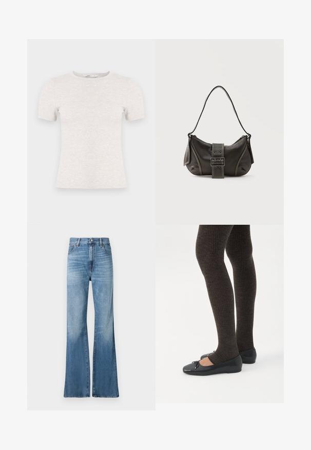 Hellgraues, kurzärmliges T-Shirt aus Rippstoff mit Rundhalsausschnitt. Schlichtes Design, glatte Textur, keine sichtbaren Muster oder Akzente.; Replay BECKA PANTS - Jeans Relaxed Fit - medium blue; Beine in dunklen, gerippten Leggings kombiniert mit schwarzen Ballerinas mit kleinen Schleifendetails auf weißem Hintergrund.; Schwarze Leder-Schultertasche mit Schnallengurt-Detail, abgerundeten Kanten und kontrastierenden weißen Nähten auf schlichtem Hintergrund.