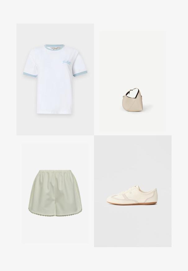 T-shirt blanc à manches courtes avec bordure bleu clair aux manches et au col, avec un petit logo "Barbour" bleu clair sur la poitrine gauche.; Shorts en satin couleur crème avec taille élastique et bordure en dentelle festonnée sur les côtés et à l'ourlet.; Baskets couleur crème avec une tige en daim et tissu, un bout arrondi, et une semelle en caoutchouc avec un détail accent beige. Fermeture à lacets.; Sac à main en cuir beige en forme de croissant avec une seule bandoulière et des coutures minimalistes, posé sur un fond blanc uni.