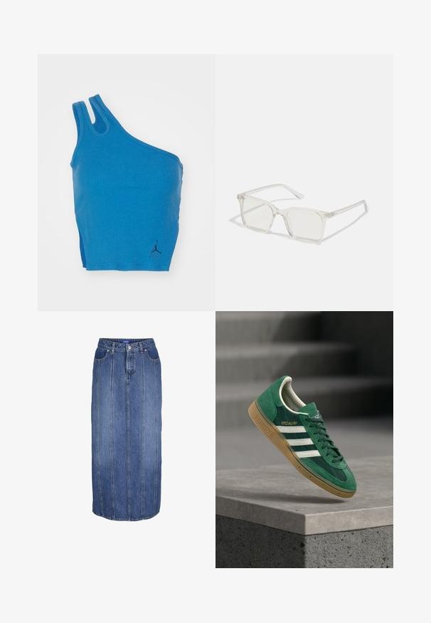 Blauw geribd tanktop met een schouderontwerp, twee bandjes en een klein zwart logo-accent rechtsonder.; Blauwe denim midi-rok met verticale naden, knoop- en ritssluiting aan de voorkant, ceintuurlussen en steekzakken aan de voorkant.; Groene Adidas Spezial sneaker met witte strepen en een gumkleurige zool die zweeft boven een betonnen oppervlak met vage trappen op de achtergrond.; Heldere plastic vierkante monturen met doorzichtige glazen, gekenmerkt door gouden accenten op de slapen voor extra detail.