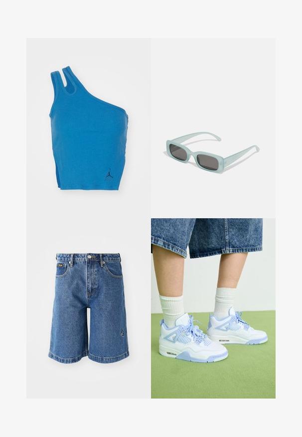 Blauw geribd tanktop met een schouderontwerp, twee bandjes en een klein zwart logo-accent rechtsonder.; Blauwe denim shorts met een rechte snit, vijf zakken en contrasterende gele stiksels. Inclusief een klein logo aan de linkerkant.; Witte en lichtblauwe sneakers met gaasaccenten, een ronde neus, veters en een luchtkusseneenheid, gecombineerd met witte geribde sokken en denim short.; Een paar rechthoekige zonnebrillen met lichtblauwe doorzichtige monturen en donkergrijze glazen, met rechte pootjes en minimale hardwaredetails.