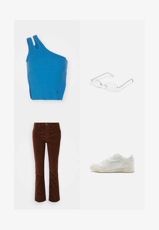 Blå ribbet tanktop med en skulderdesign, to stropper og et lille sort logoaccent nederst til højre.; Brune fløjsbukser med svaj, der har en glat tekstur, med lynlås og knaplukning samt standard fem-lomme design.; Hvid Reebok lavsko med læderoverdel, snørelukning og tekstureret gummisål, vist fra siden mod en ensfarvet baggrund.; Guldmetal briller med ovale linser, slanke arme og klare næsepuder. Har subtile hængsel accenter og gennemsigtige linser.