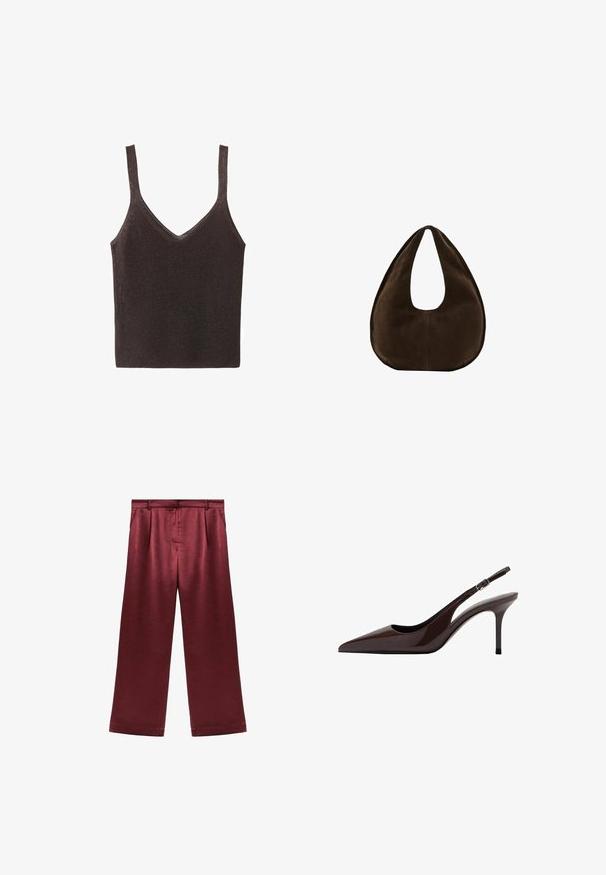 Débardeur tricoté marron sans manches avec un col en V, présentant une texture lisse légèrement brillante et une silhouette ajustée.; Pantalons larges bordeaux en satin avec une texture lisse, dotés d'une taille haute et de deux poches latérales pour un détail fonctionnel.; Talons slingbacks en cuir verni marron avec un bout pointu, un talon fin et une bride réglable. Texture lisse et finition brillante.; Sac à main en daim marron foncé en forme de croissant avec une seule sangle large et une texture lisse sur fond blanc.