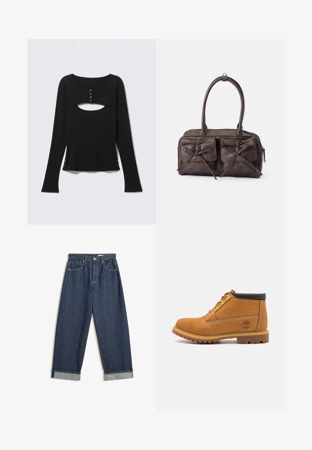 Haut noir à manches longues avec un col découpé, une patte de boutonnage à l'avant, et des détails à pression sur les côtés. Confectionné en tissu lisse.; Jean en denim bleu foncé à jambes larges avec des ourlets repliés, bouton et fermeture éclair à l'avant, passants de ceinture et cinq poches.; Bottine en suede tan avec col rembourré noir, œillets jaunes et semelle en caoutchouc texturé. Présente un logo imprimé sur le côté.; Sac en cuir brun avec deux poches avant dotées de liens, poignées arrondies et fermeture éclaire. Texture lisse avec un subtil éclat.