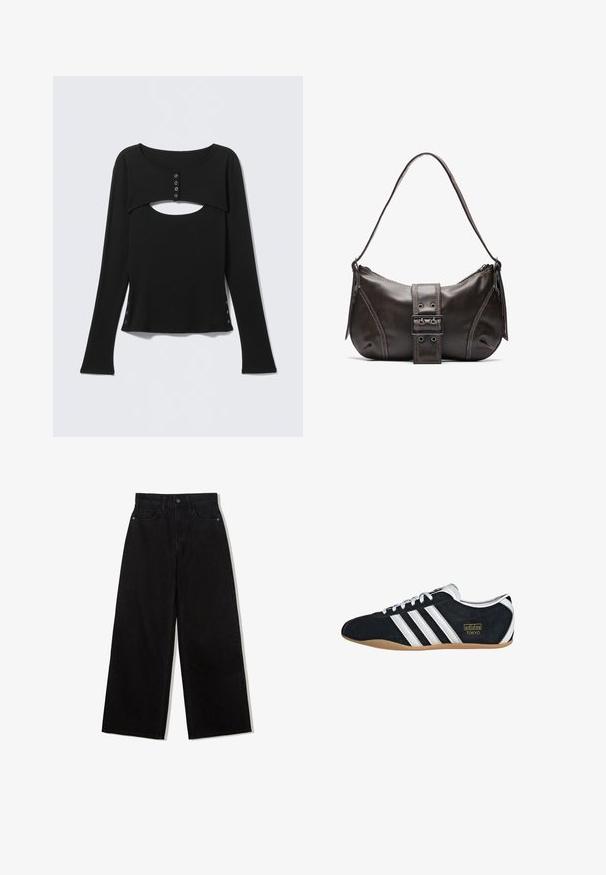 Haut noir à manches longues avec un col découpé, une patte de boutonnage à l'avant, et des détails à pression sur les côtés. Confectionné en tissu lisse.; Jeans noirs à jambes larges en denim avec une taille haute, présentant un design à cinq poches et une fermeture à un bouton à l'avant.; Sneakers en suede noir avec trois bandes blanches, logo doré et semelle en caoutchouc marron. Présente un design à lacets à profil bas.; Sac à épaule en cuir marron avec une forme courbée, présentant un détail de boucle proéminent, des coutures contrastantes et une seule bandoulière.