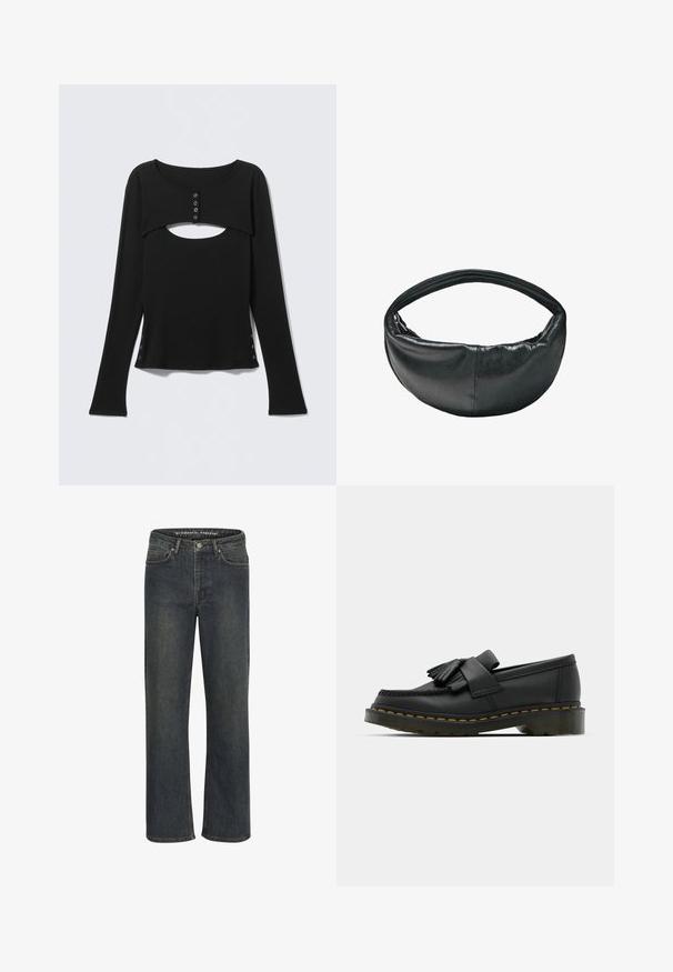 Sort langærmet top med udskåret halsudskæring, knaplukning foran og trykknapper langs siderne. Fremstillet af glat stof.; Mørkeblå lige ben jeans lavet af denimstof, med medium talje, fem-lomme design og diskret syning langs sømmene.; Sorte læder loafers med rund tå, der har frynse detaljer og et dekorativt bånd på tværs af fronten, sat på en kraftig hæl.; Sort crescentformet skuldertaske i læder med en enkelt tyk strop og lynlåslukning på hvid baggrund.