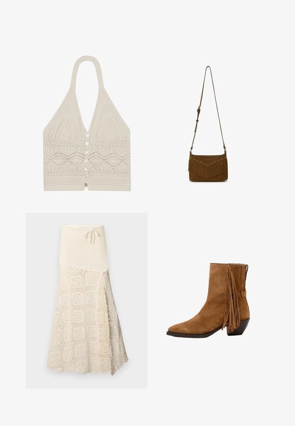 Top halter de punto en crema, con un patrón geométrico, escote en V profundo y cinco botones frontales con un acabado texturizado en el dobladillo.; Falda de ganchillo con una parte superior texturizada en crema y una sección inferior con un intrincado patrón cuadrado. Cinta ajustable en la cintura.; Bota de ante marrón para el tobillo con punta puntiaguda, tacón bajo inclinado y flecos decorativos en el lateral.; Bolso cruzado de ante marrón con correa ajustable, detalle de flecos y pequeños remaches metálicos en la solapa frontal.