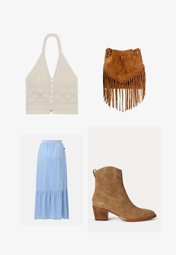 Haut halter en tricot crème, avec un motif géométrique, un décolleté en V plongeant et cinq boutons à l'avant avec une finition texturée à l'ourlet.; Jupe midi à rayures verticales bleu clair et blanc avec taille élastique et détail volanté à l'ourlet sur fond uni.; Bottine en daim marron avec talon bas empilé en bois et languette à l'arrière sur un fond clair uni.; Sac seau en suédine marron avec des franges, fermeture à cordon, œillets en métal et un charm. Présente une finition texturée et un design triangulaire à l'avant.