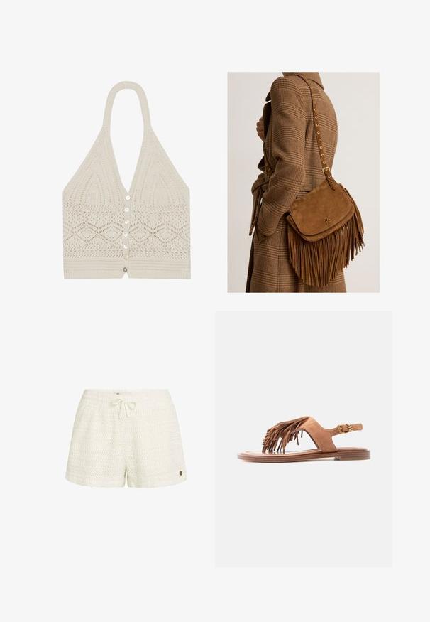 Haut halter en tricot crème, avec un motif géométrique, un décolleté en V plongeant et cinq boutons à l'avant avec une finition texturée à l'ourlet.; Short en crochet blanc avec une taille élastique et un cordon de serrage. Présente un motif texturé et un petit logo métallique sur le côté.; Sandale plate en daim marron avec décoration en franges sur la bride avant et fermeture à boucle dorée sur la bride de la cheville, vue de côté sur fond blanc.; Personne portant un manteau marron à carreaux porte un sac à bandoulière en daim marron avec des franges, une bandoulière réglable et de petites initiales dorées du logo.