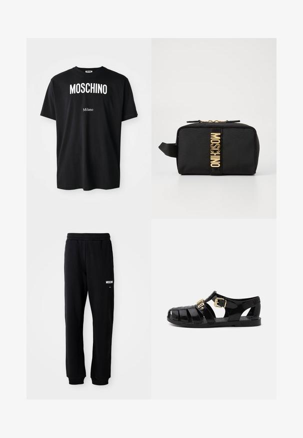 Camiseta de algodón negra con cuello redondo. Presenta un texto blanco en negrita: "MOSCHINO" arriba y "Milano" abajo. Diseño simple y clásico.; Pantalones de chándal negros con un corte relajado, hechos de una tela suave. Presentan una cintura elástica y el logo blanco de "Moschino" en el muslo izquierdo.; Sandalias de goma negras con diseño perforado, que cuentan con un cierre de hebilla dorada y una plantilla texturizada. Logo estampado en el talón.; Bolsa de cosméticos de tela negra con forma rectangular, logo dorado de "MOSCHINO", cierre con cremallera y una correa lateral para un manejo fácil.
