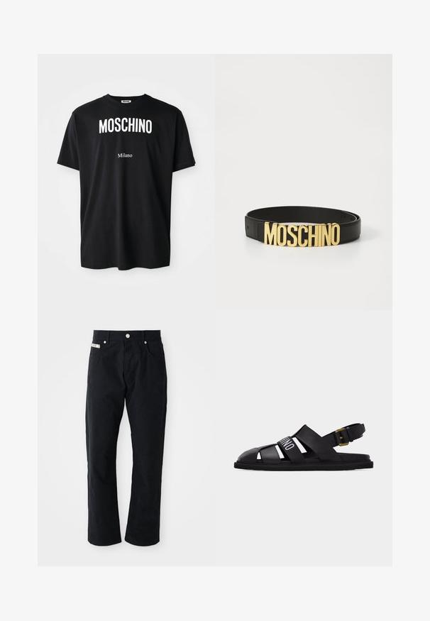 Schwarzes Baumwoll-T-Shirt mit rundem Halsausschnitt. Mit fettem weißen Text: "MOSCHINO" oben und "Milano" unten. Einfaches, klassisches Design.; Schwarze Baumwollhosen mit geradem Bein, fünf Taschen, silbernen Akzenten und einer subtilen strukturierten Oberfläche.; Schwarze Ledersandale im Fischertreterstil mit verstellbarem Knöchelriemen, goldener Schnalle und weißer Markenaufschrift auf dem Vorder Riemen.; Schwarzer Leder-Gürtel mit einer großen goldenen "MOSCHINO"-Logo-Schnalle, glatte Textur, verstellbare Größe und minimalistisches Design.