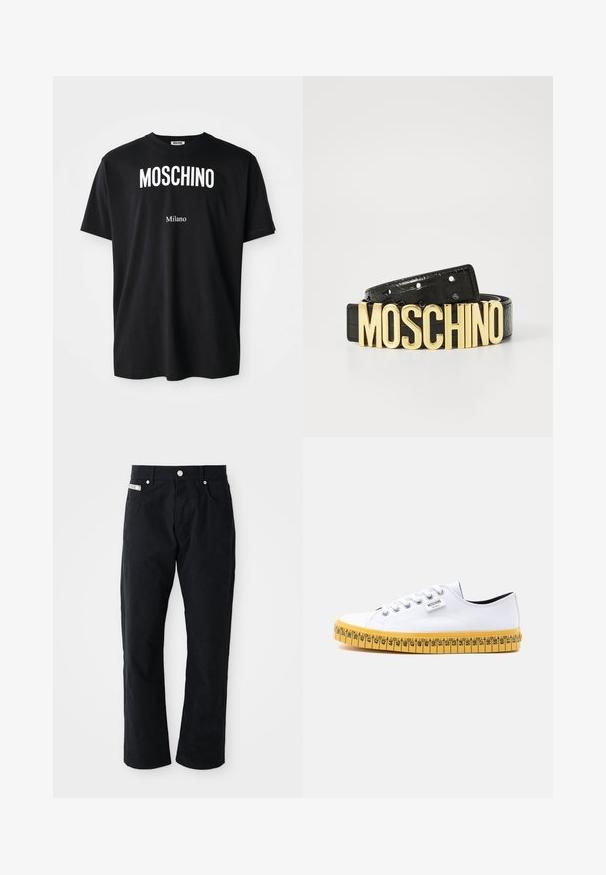 Čierne bavlnené tričko s okrúhlym výstrihom. Obsahuje výrazný biely text: "MOSCHINO" hore a "Milano" dole. Jednoduchý, klasický dizajn.; Čierne bavlnené nohavice s rovno strihanými nohavicami, piatimi vreckami, striebornými kovovými detailmi a jemnou textúrovanou povrchovou úpravou.; Biele nízke plátené tenisky s bielymi šnúrkami a žltou podrážkou navrhnuté tak, aby vyzerali ako meracia páska so značkami veľkosti.; Čierny kožený opasok s krokodílou textúrou a veľkým zlatým logom "MOSCHINO" ako sponou. Obsahuje viacero nastavovacích dierok.